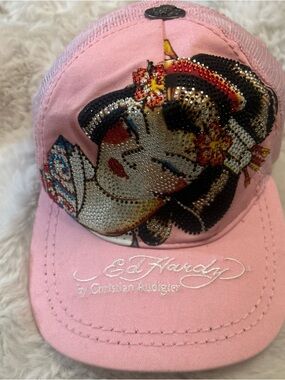 Ed Hardy Christian Audigier Vintage Y2K pink embellished Geisha hat cap